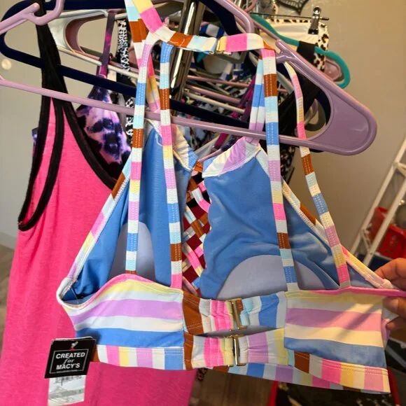 California Waves Trendy Plus Size Linen Stripe Printed Halter Bikini Top Macy's - Picture 4 of 4